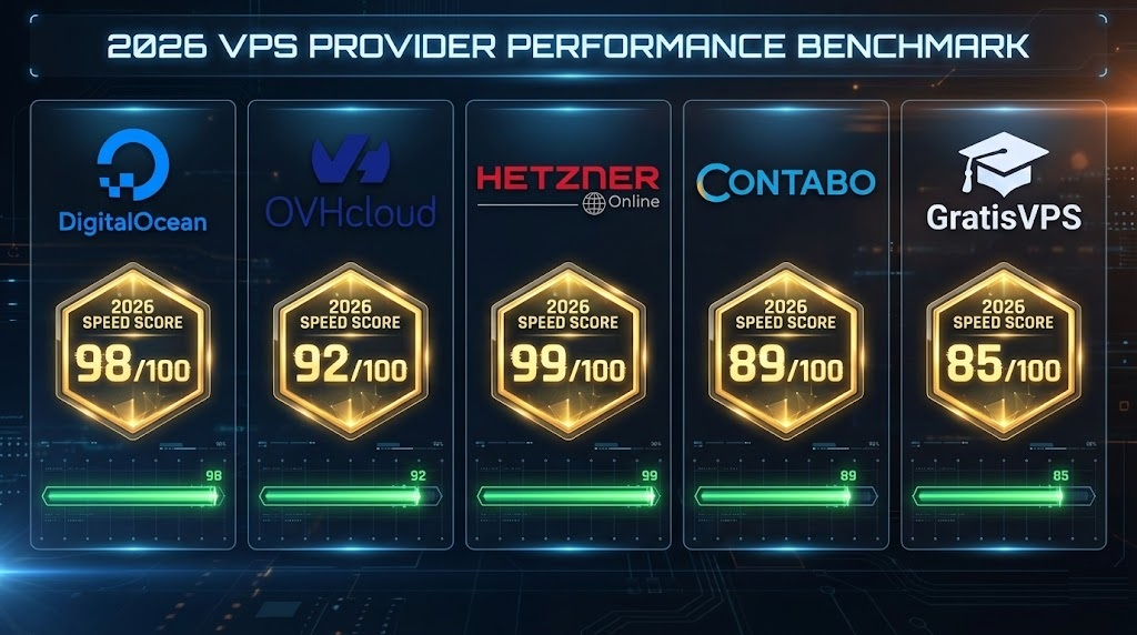 Comparison graph of Top 5 VPS Providers 2026 showing latency and uptime statistics