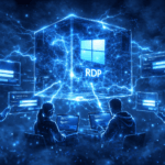 Futuristic Windows Server RDP hologram cube with neon effects for student learning