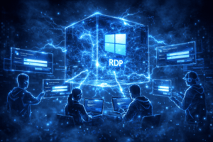 Futuristic Windows Server RDP hologram cube with neon effects for student learning