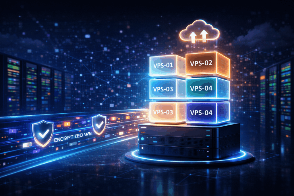 Diagram showing how a physical server is divided into multiple VPS servers