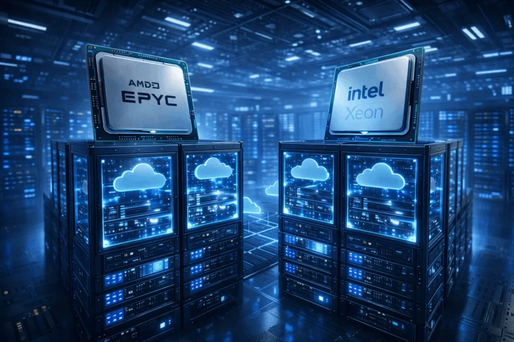 AMD EPYC vs Intel Xeon processors powering cloud VPS servers