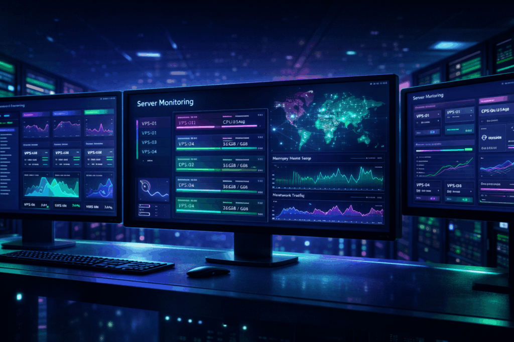 Dashboard showing monitoring tools tracking VPS server performance