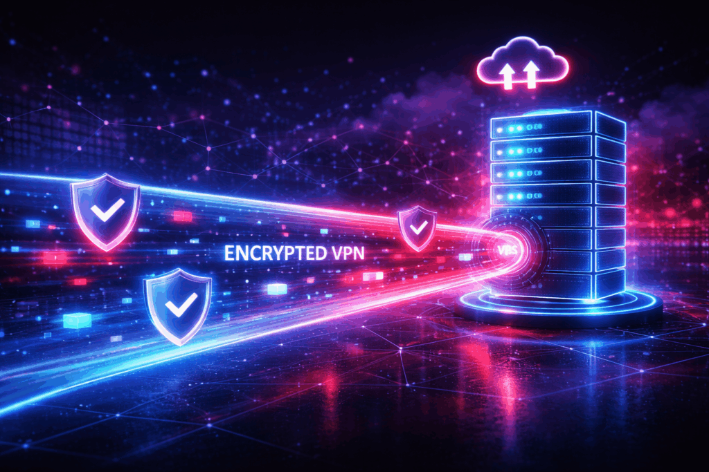 Diagram showing a VPS server creating a secure VPN connection using WireGuard