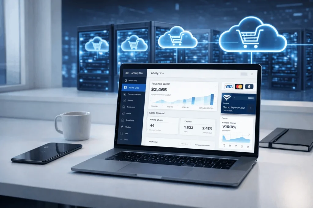 Building an online ecommerce store dashboard on laptop