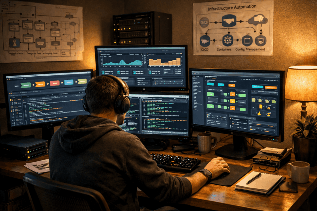 Developer managing VPS servers using DevOps automation tools and monitoring dashboards.