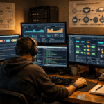 Developer managing VPS servers using DevOps automation tools and monitoring dashboards.