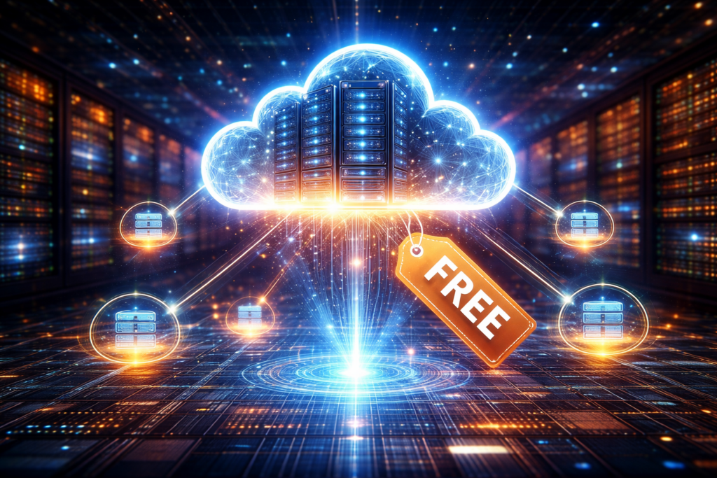 Illustration representing free VPS server infrastructure in a cloud environment