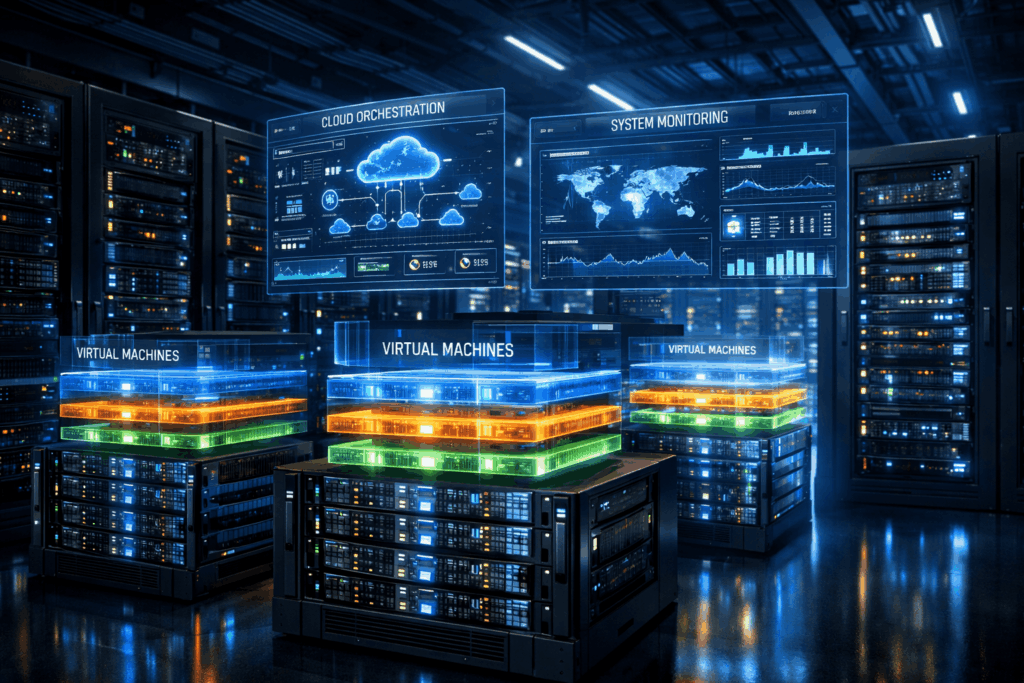 Visualization of how VPS virtualization works on cloud infrastructure servers in a modern datacenter.