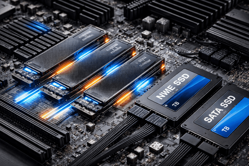 Comparison of NVMe and SATA SSD storage used in VPS server infrastructure.
