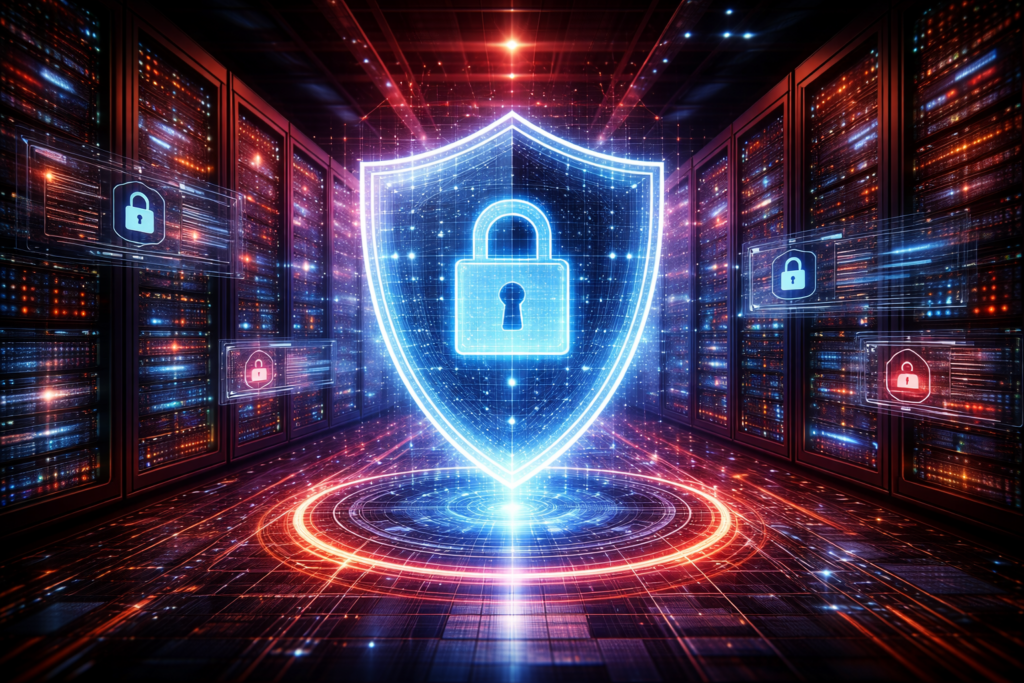 Cybersecurity shield protecting VPS server infrastructure in a datacenter