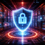 Cybersecurity shield protecting VPS server infrastructure in a datacenter