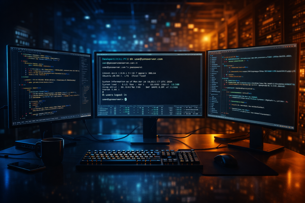 Developer connecting to a VPS server using SSH terminal on a workstation