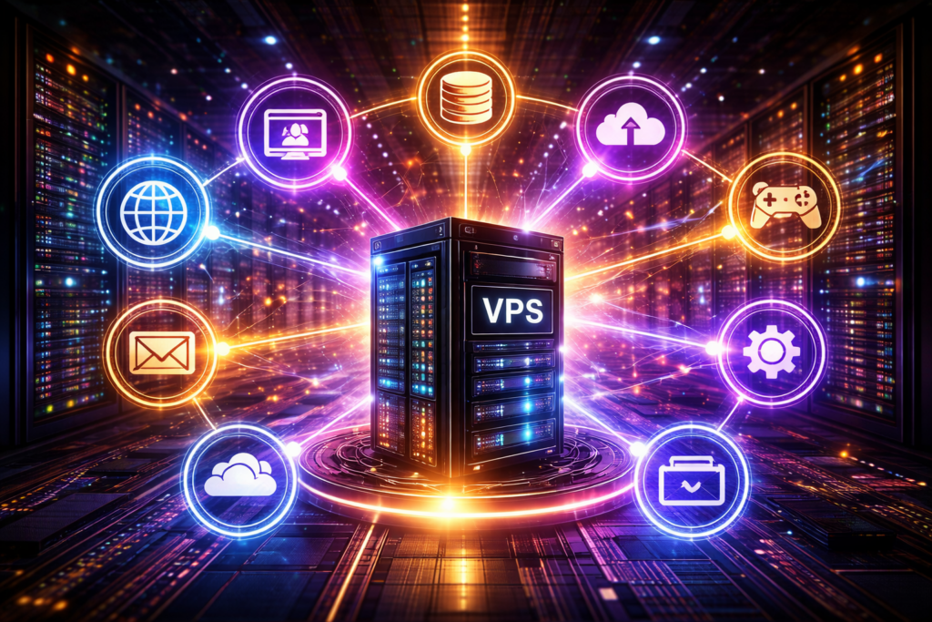 Illustration showing different applications and services that can run on a VPS server