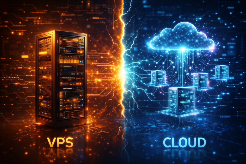 Comparison between VPS server infrastructure and cloud hosting architecture