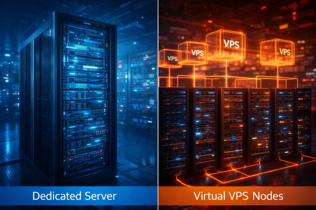 Comparison between VPS virtual server infrastructure and dedicated server hardware