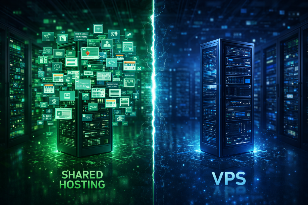 Comparison between shared hosting environment and isolated VPS server infrastructure
