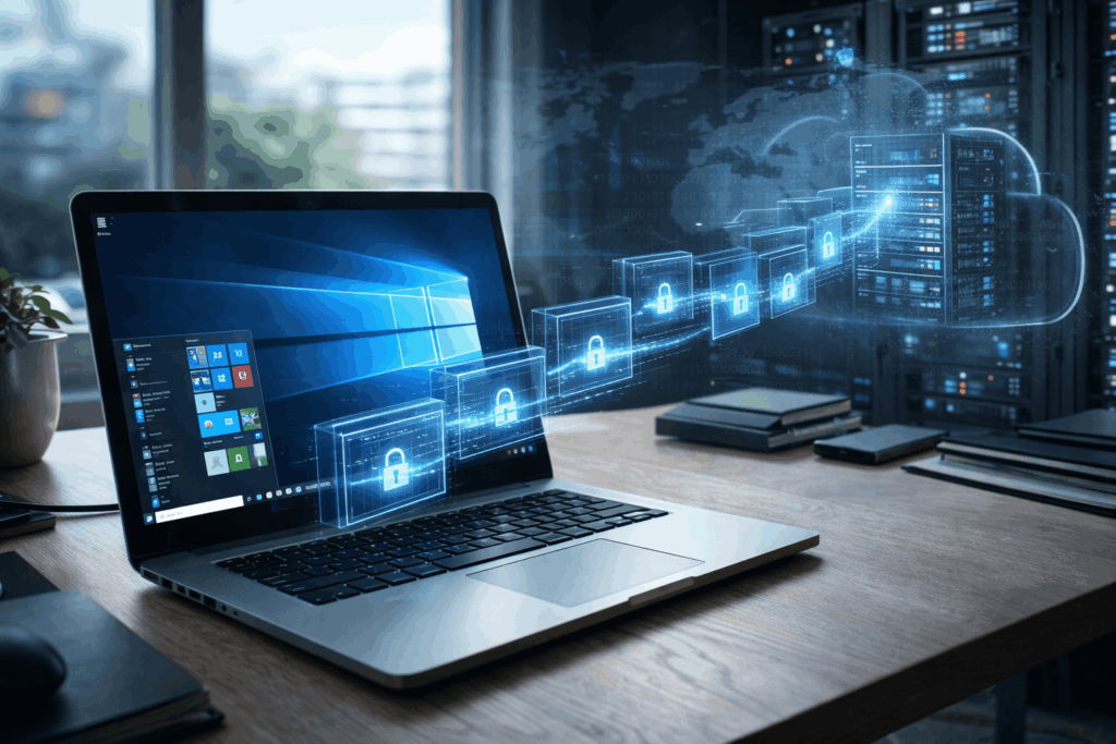Laptop connecting to a Windows RDP server through a secure remote desktop connection.