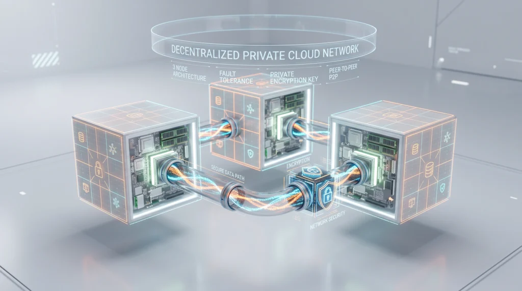 Architectural diagram and 3D visual of a 3-node private cloud cluster built on budget VPS hosting.