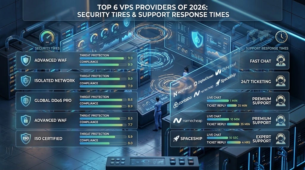 Comparison chart of Top 6 VPS Providers 2026 highlighting security tiers and support response times