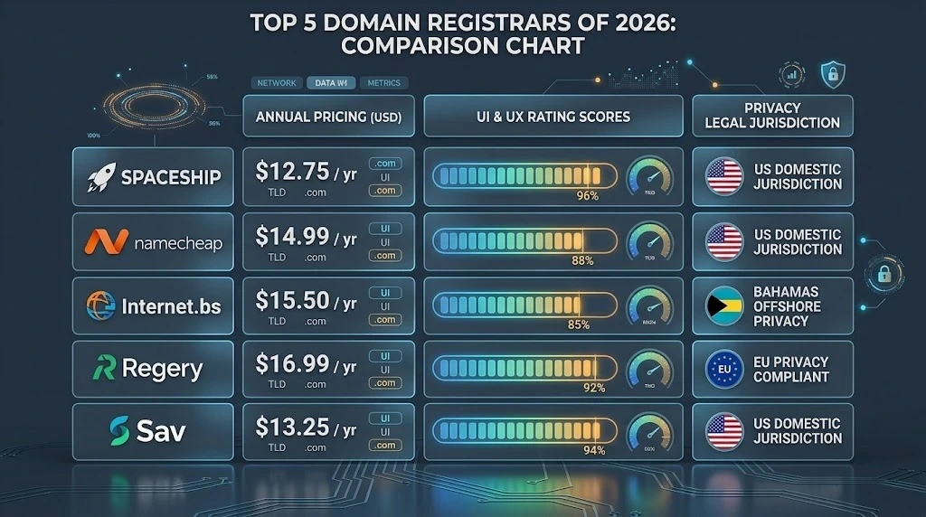 Comparison chart of Top Best 5 Domain Registrars 2026 showing pricing, UI score, and privacy jurisdiction