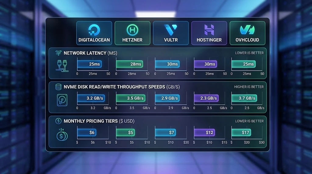 Performance benchmark graph comparing the Top 5 VPS Hosting providers on latency, pricing, and disk throughput