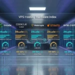 Top 5 VPS Hosting Index performance chart comparing Linode, Oracle Cloud, Webtropia, Strato, and One.com on speed, uptime, and hardware