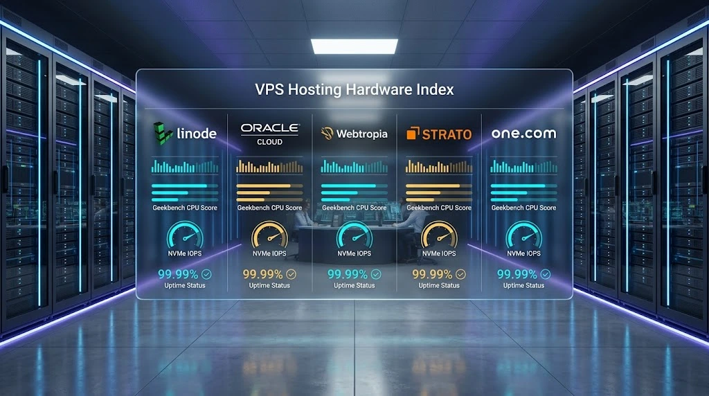 Top 5 VPS Hosting Index performance chart comparing Linode, Oracle Cloud, Webtropia, Strato, and One.com on speed, uptime, and hardware