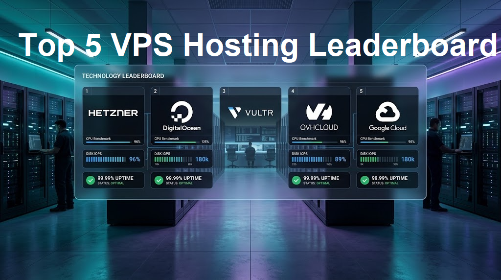 Top 5 VPS Hosting Leaderboard comparison chart showing verified benchmark scores, disk IOPS, and uptime metrics