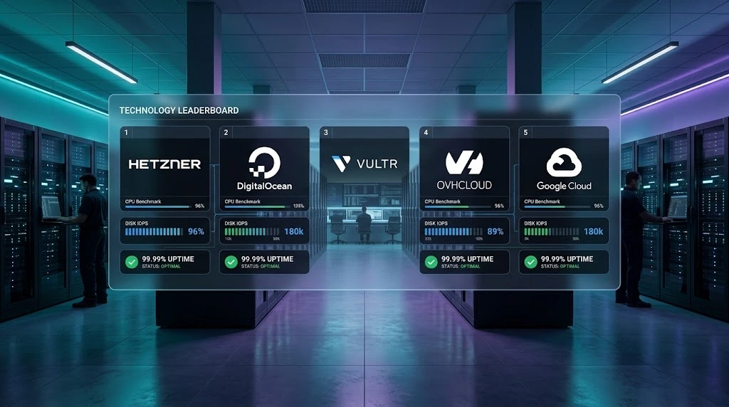 Top 5 VPS Hosting Leaderboard comparison chart showing verified benchmark scores, disk IOPS, and uptime metrics