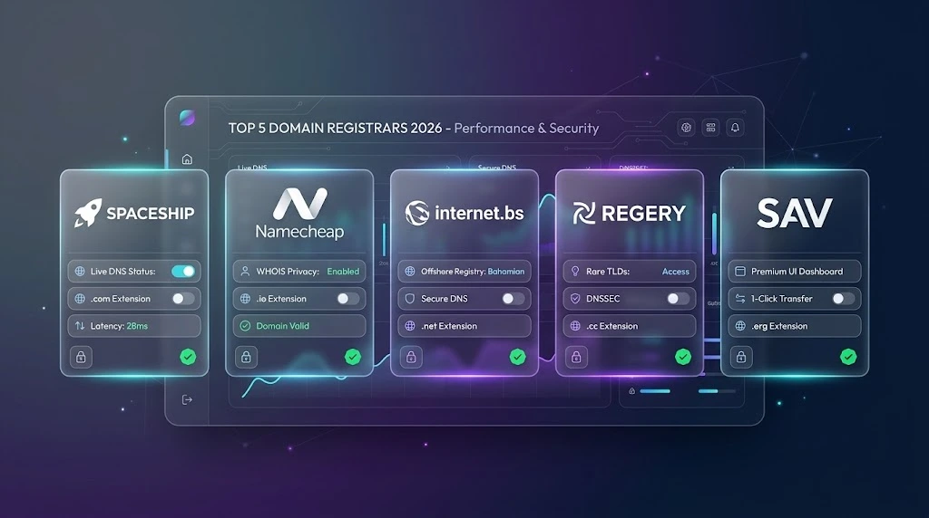 Top best 5 domain registrars for 2026 tested & verified. Compare Spaceship, Internet.bs, Regery, Sav, and Namecheap on price, privacy, and support.